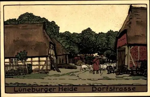 Steindruck Ak Lüneburger Heide, Dorfstraße