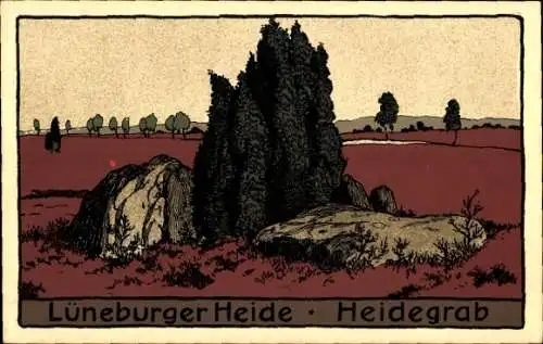 Steindruck Ak Lüneburger Heide, Heidegrab, Felsen