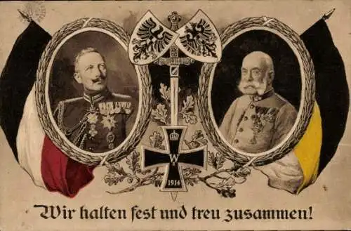 Ak Kaiser Wilhelm II., Kaiser Franz Joseph I. von Österreich, Eisernes Kreuz 1914, Fahnen, Wappen