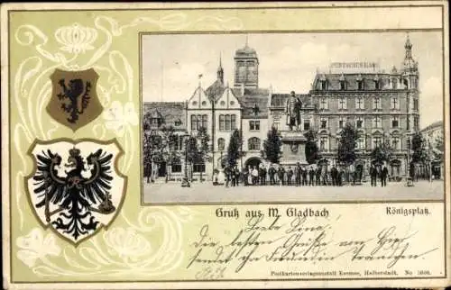 Präge Wappen Passepartout Ak Mönchengladbach am Niederrhein, Königsplatz, Deutsches Haus, Denkmal