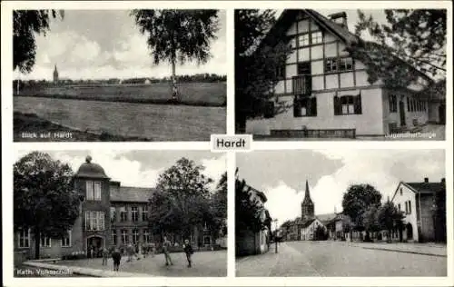 Ak Hardt Mönchengladbach am Niederrhein, Panorama, Jugendherberge, Kath. Volksschule, Straße, Kirche