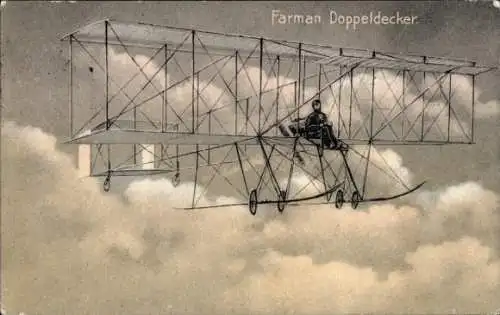 Ak Farman-Doppeldecker, Flugzeug, Flugpionier