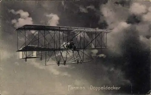 Ak Farman-Doppeldecker, Flugzeug, Flugpionier