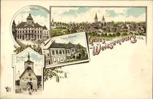 Litho Wissembourg Weißenburg Elsass Bas Rhin, Rathaus, Schloss Gaisberg, Altes Tor