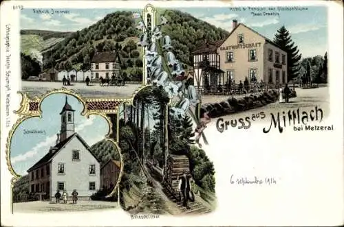 Litho Mittlach Elsass Haut Rhin, Schulhaus, Hotel und Pension, Fabrik