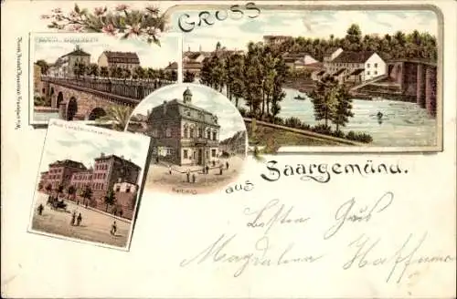 Litho Sarreguemines Saargemünd Lothringen Moselle, Gesamtansicht, Rathaus, Postamt