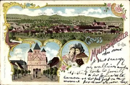 Litho Marmoutier Maursmünster Elsass Bas Rhin, Gesamtansicht, Elsässer Tracht, Kirche