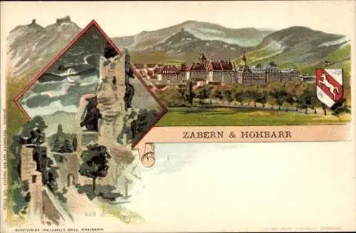 Künstler Litho Greiner, Saverne Zabern Elsass Bas Rhin, Haut Barr, Hohbarr, Burgruine, Wappen