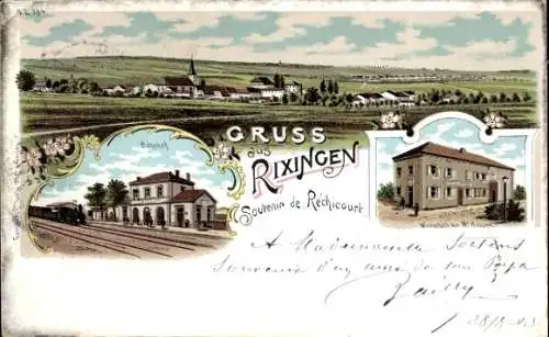 Litho Réchicourt le Château Rixingen Moselle, Gesamtansicht, Bahnhof