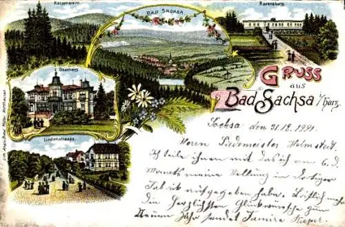 Litho Bad Sachsa im Harz, Panorama, Ravensberg, Badehaus, Lindenstraße, Katzenstein