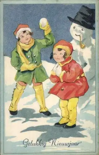 Ak Fröhliches Neujahr, Kinder, Junge mit Schneeball, Schneemann