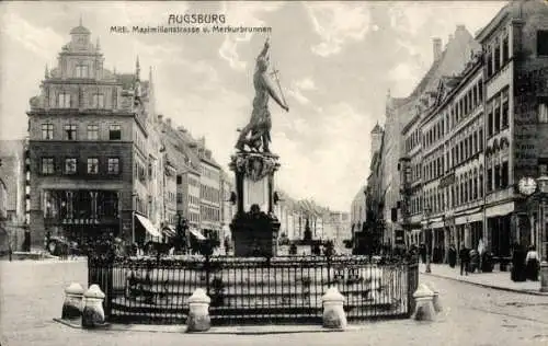 Ak Augsburg in Schwaben, Mittlere Maximilianstraße und Merkurbrunnen