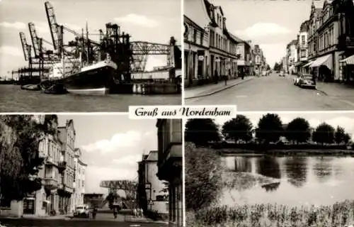 Ak Nordenham in Oldenburg, Midgard Pier, Bahnhofstraße, Hafenstraße, Gateteich