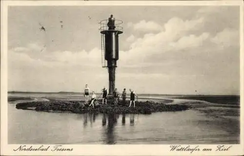 Ak Tossens Butjadingen Wesermarsch, Wattläufer am Ziel, Signalturm, Wattenmeer, Panorama