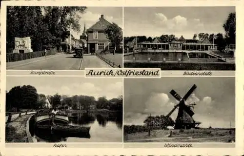 Ak Aurich in Ostfriesland, Burgstraße, Badeanstalt, Hafen, Windmühle