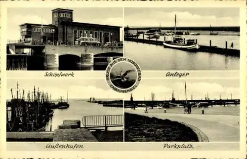 Ak Nordseebad Carolinensiel Wittmund in Ostfriesland, Schöpfwerk, Anleger, Außenhafen, Parkplatz