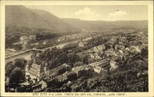 Ak Bad Ems an der Lahn, Panorama, königliches Kurhotel Vier Türme