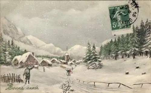 Ak Glückwunsch Neujahr, Winterlandschaft, Ortschaft, Schneefall