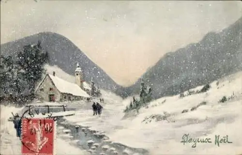 Ak Glückwunsch Weihnachten, Winterlandschaft, Kirche, Schneefall