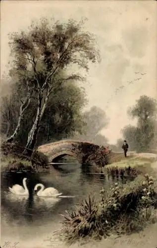 Künstler Litho Hayes, F.W., Zwei Schwäne, Brücke, Wanderer