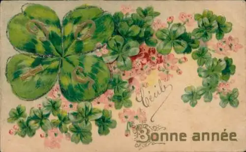 Glitzer Litho Glückwunsch Neujahr 1905, Glücksklee, Blumen