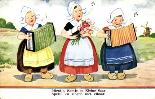 Künstler Ak Wills, John, Mädchen in niederländischer Tracht singen, Akkordeon, Tulpen, Windmühle