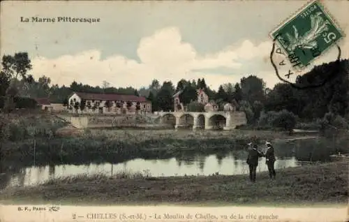 Ak Chelles Seine-et-Marne, Le Moulin de Chelles, vu de la rive gauche