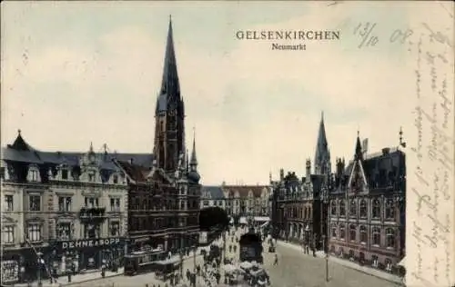 Ak Gelsenkirchen im Ruhrgebiet, Neumarkt, Kirchturm, Geschäft Dehne & Sopp