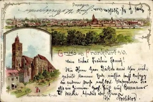 Litho Frankfurt an der Oder, Panorama, Marienkirche, Oberkirche