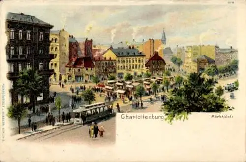 Litho Berlin Charlottenburg, Marktplatz mit Straßenbahn