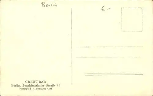 Künstler Ak Berlin Charlottenburg, Greifi Bar, Joachimsthaler Straße 41