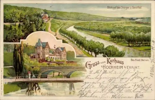 Litho Hochheim Erfurt in Thüringen, Kurhaus, Bes. Friedr. Bertram, Steiger und Geratal