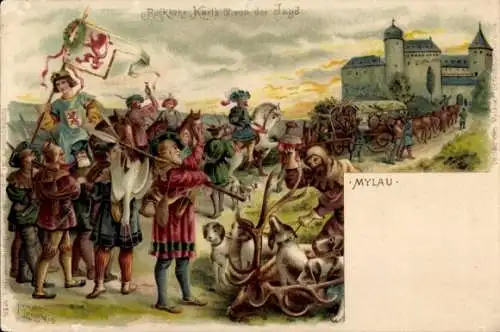 Künstler Litho Langbein, Robert, Mylau im Vogtland, Rückkehr Karl IV von der Jagd