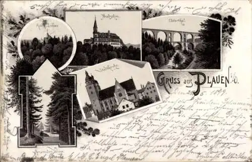 Litho Plauen im Vogtland, Ruine Liebau, Hradschin, Elstertal, Pyramiden Wiege, Stadtkirche