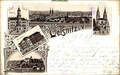 Litho Oelsnitz Vogtland, Rathaus, Kirche, Neue Schule, Voigtsberg