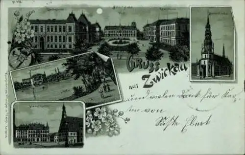 Mondschein Litho Zwickau in Sachsen, Landgericht, Albertplatz, Schule, Marienkirche