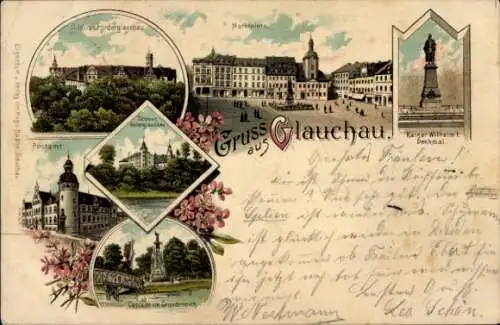 Litho Glauchau an der Zwickauer Mulde in Sachsen, Schloss, Postamt, Kaskade am Gründelteich, Markt