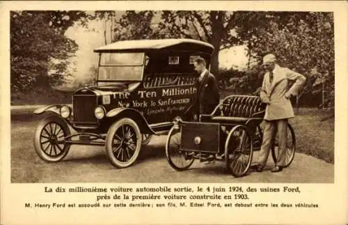 Ak Automobil Ford, la 10 millionieme voiture sortie des usines 1924, premiere voiture 1903