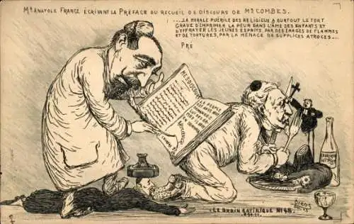 Künstler Ak Anatole France ecrivant la preface du recueil de discours de M. Combes