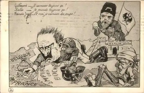 Künstler Ak Propaganda Frankreich, Karikaturen, Kaiser Wilhelm II., Kaiser Franz Joseph I., Nikolaus