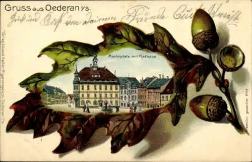 Eichenblatt Litho Oederan in Sachsen, Marktplatz, Rathaus