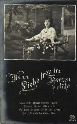 Set von 6 AK Wenn Liebe treu im Herzen glüht..., Junge Frau mit Blumen