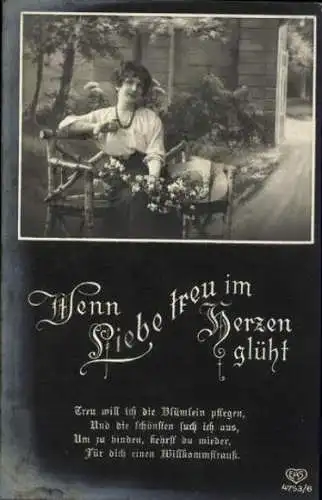 Set von 6 AK Wenn Liebe treu im Herzen glüht..., Junge Frau mit Blumen