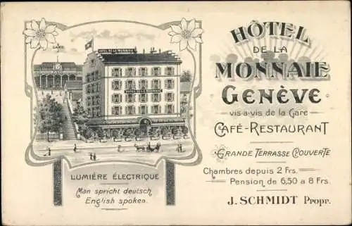 Litho Genève Genf Schweiz, Hotel de la Monnaie, vis-a-vis de la Gare, Propr. J. Schmidt