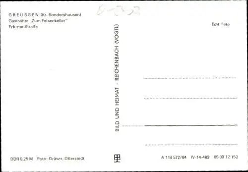 Ak Greußen in Thüringen, Gaststätte Zum Felsenkeller, Erfurter Straße