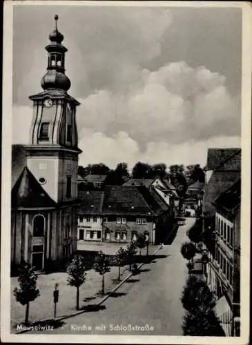 Ak Meuselwitz in Thüringen, Kirche mit Schlossstraße