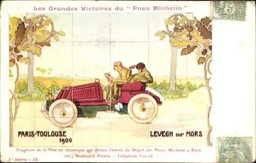 Jugendstil Ak Die großen Siege der Michelin-Reifen, Paris Toulouse 1900, Rennfahrer Levegh, Mors