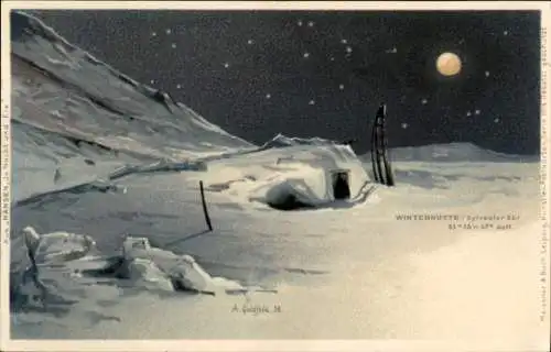 Künstler Ak Goldfeld, A., Nordpol-Expedition Nansen, In Nacht und Eis, Winterhütte, Sylvester