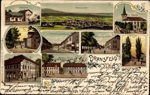 Litho Dransfeld in Niedersachsen, Bahnhof, Kirche, Langestraße, Rathaus, Schule, Geschäftshaus