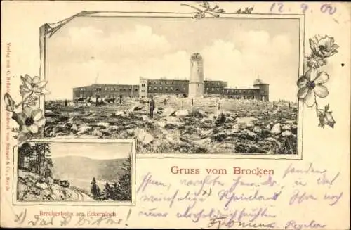 Ganzsachen Ak Brocken im Harz, Brockenbahn am Eckernloch, Brockenturm